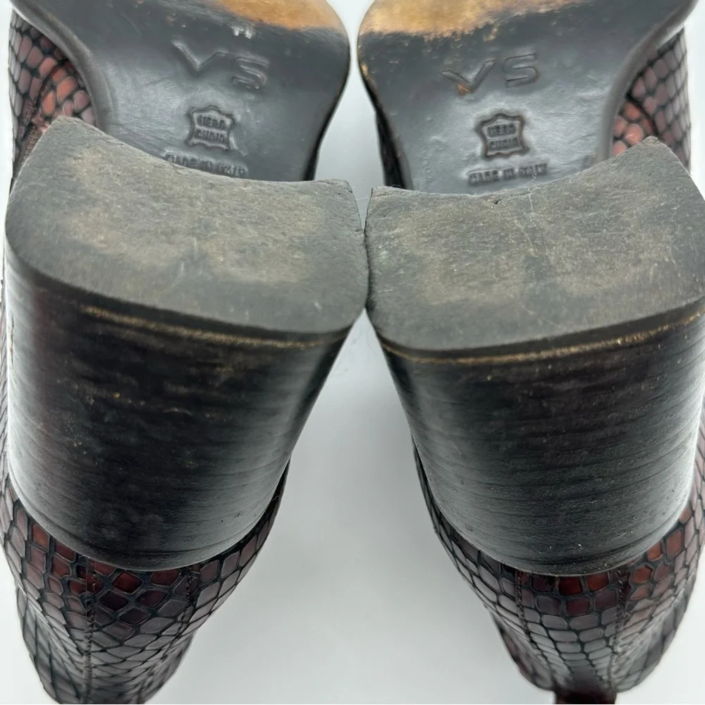 VS Dark Brown Leather Snakeskin Print Square Toe Block Heel Booties